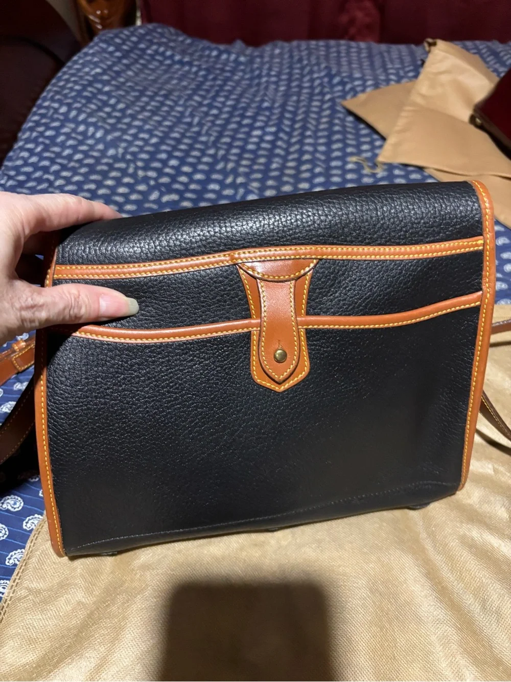 Dooney & Bourke Black Pebbled Leather Messenger with Brown Trim
